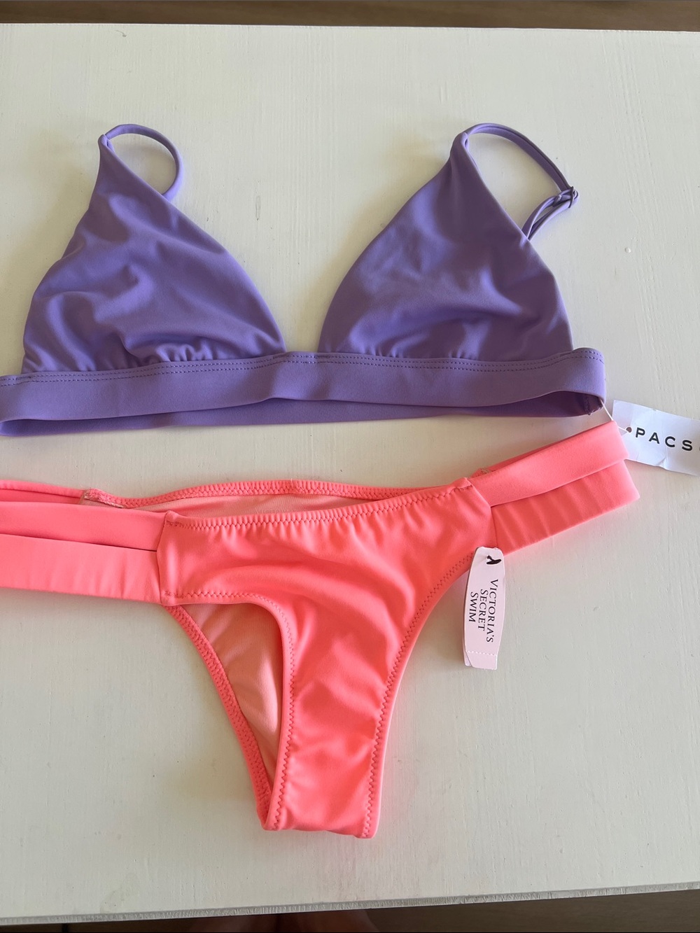 Victoria's Secret/ Pacsun- Lilac Triangle Bikini Top(S) Coral Cheeky Bottom(XS)